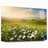 Acrylic glass wall art showcasing a serene landscape field design, featuring vibrant greens and blues, presented in a sleek side view without pins, ideal for modern decor.