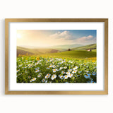 Framed wall art design showcasing a serene landscape with fields, featuring a gold frame and mat, ideal for home decor and enhancing interior aesthetics.