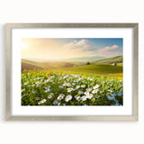 Framed wall art collection showcasing a serene landscape with fields, presented in a silver frame with a mat, perfect for home decor enhancement.