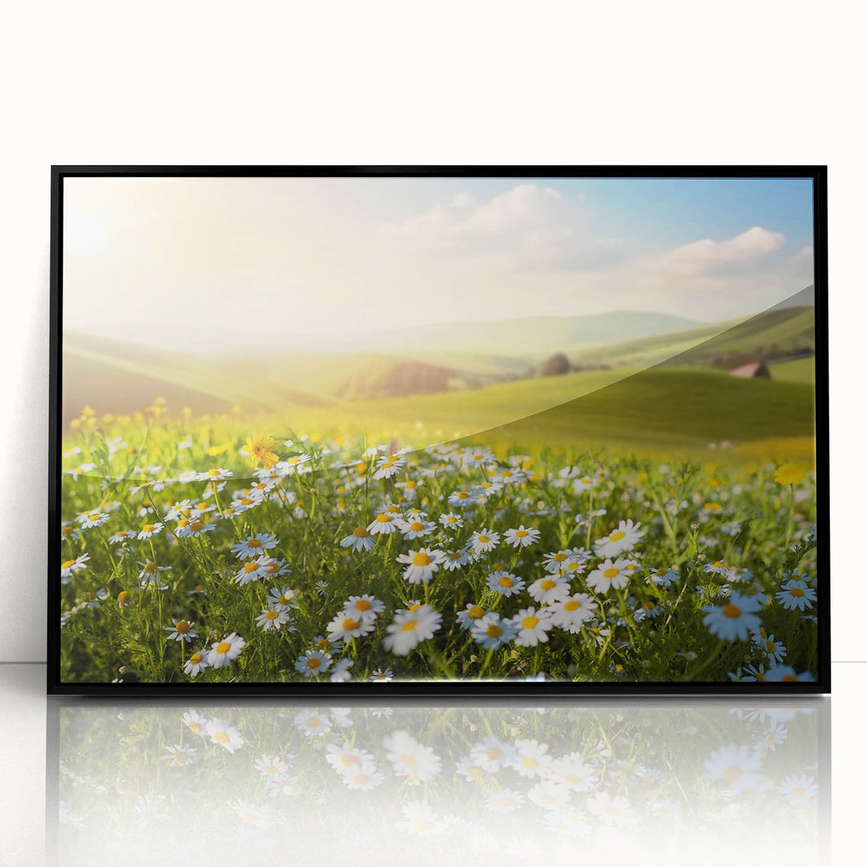 Framed wall art featuring a vibrant landscape design with fields in rich green and gold hues, presented in a sleek black frame, ideal for home decor.