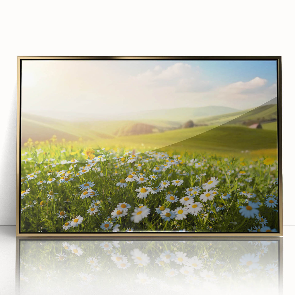 Framed acrylic wall art showcasing a vibrant landscape design with fields and golden accents, perfect for modern home decor. Ideal for adding elegance to any space.