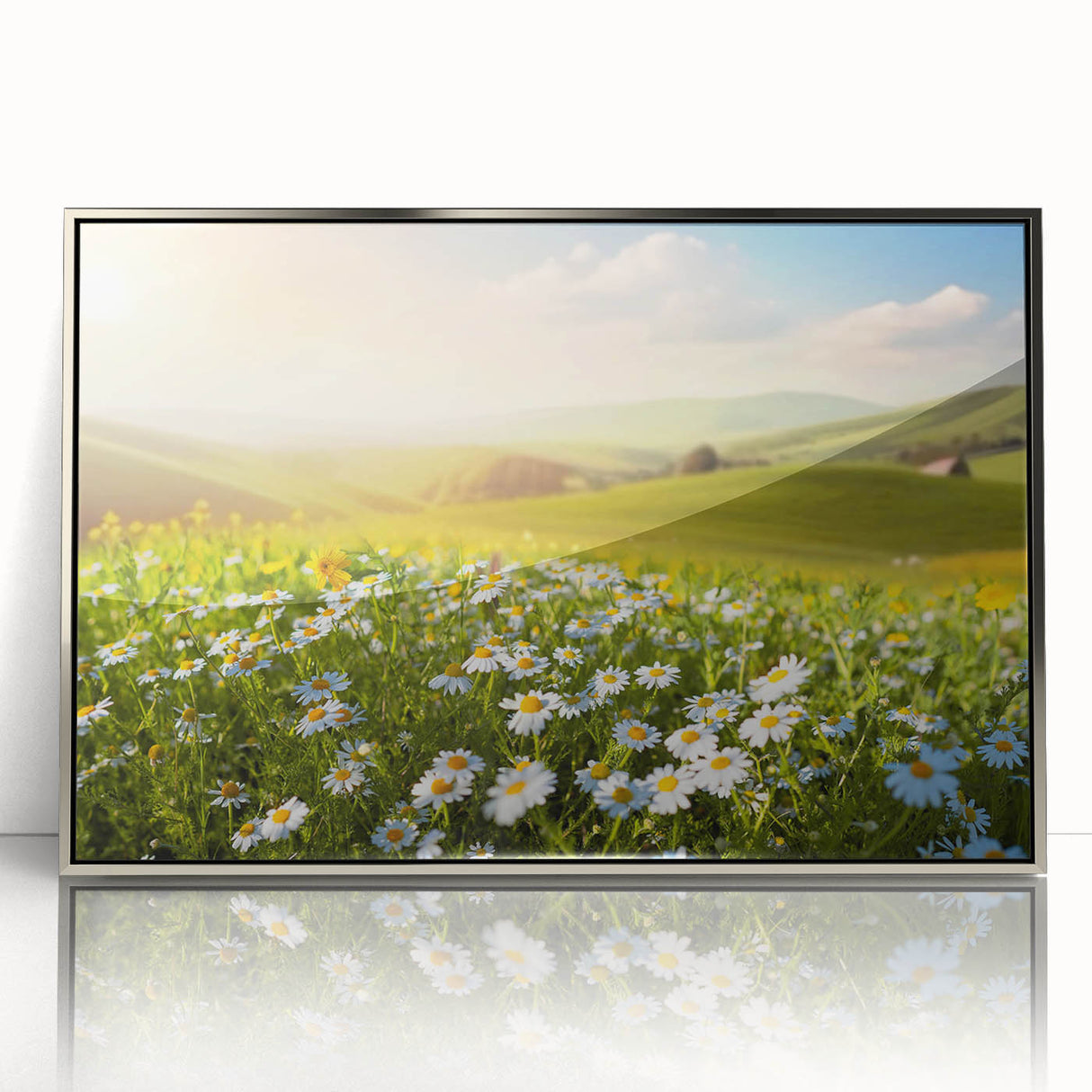 Framed acrylic wall art depicting a serene landscape of golden fields under a blue sky, showcasing vibrant colors and intricate details, perfect for home decor.