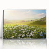 Framed acrylic wall art showcasing a vibrant landscape field design, featuring rich greens and blues, set against a sleek white frame, ideal for home decor.