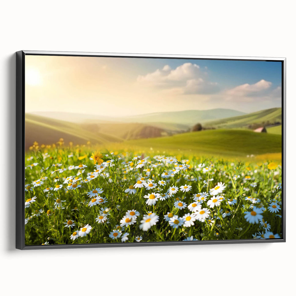 Framed canvas wall art featuring a serene landscape with vibrant fields in rich greens and yellows, presented in a sleek black frame, perfect for home decor.