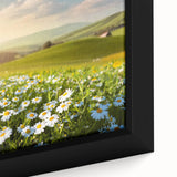 Close-up of a framed canvas wall art piece showcasing a vibrant landscape field design, featuring lush green fields and a serene blue sky, ideal for home decor.