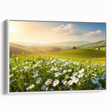 Framed canvas wall art showcasing a serene landscape of lush green fields under a bright blue sky, perfect for home decor. The artwork emphasizes tranquility and nature's beauty, ideal for enhancing living spaces.