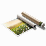 Vibrant rolled print showcasing an abstract landscape design with colorful fields, perfect for home decor. Packaged in a protective cardboard tube for safe delivery.