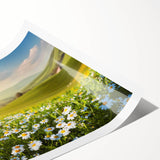 Vibrant rolled print showcasing a serene landscape with lush green fields and a clear blue sky, perfect for adding a touch of nature-inspired decor to any space.