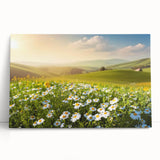 Stretched canvas wall art showcasing a vibrant landscape design with rich colors, leaning against a neutral wall, perfect for home decor or gallery display.