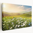 Stretched canvas wall art showcasing a vibrant landscape of rolling fields under a blue sky, highlighting lush green grass and a serene atmosphere, perfect for home decor.
