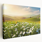 Stretched canvas wall art showcasing a vibrant landscape of rolling fields under a blue sky, highlighting lush green grass and a serene atmosphere, perfect for home decor.