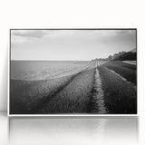 Framed acrylic wall art showcasing a vibrant landscape of golden fields under a bright blue sky, ideal for home decor. The white frame adds a modern touch, enhancing any room's aesthetic.