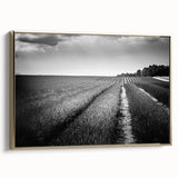 Framed canvas wall art showcasing a scenic landscape of golden fields, elegantly designed for home decor, with a sleek gold frame and side view angle.
