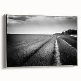 Framed canvas wall art showcasing a serene landscape with vibrant fields and a silver frame, perfect for enhancing home decor with a touch of nature's beauty.