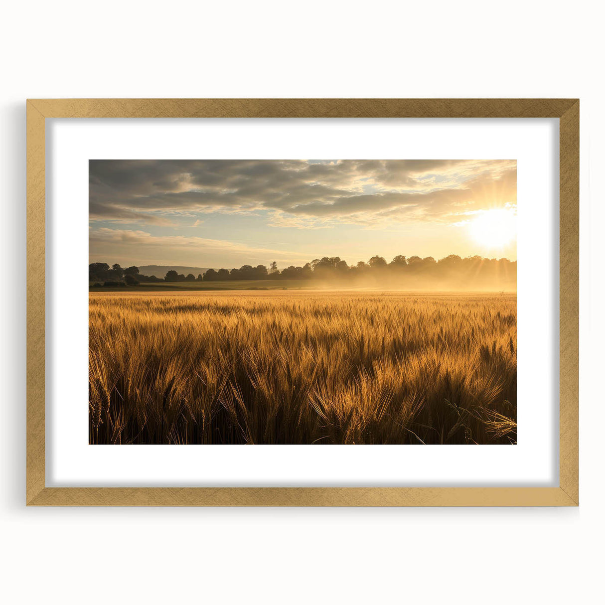 Elegant gold-framed wall art piece showcasing a serene landscape design with soft hues of green and blue, ideal for enhancing modern home decor.