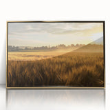 Framed acrylic wall art depicting vibrant abstract landscapes with golden accents, ideal for modern home decor. Perfect for adding elegance to any room.