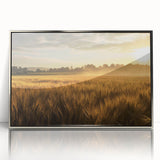 Framed acrylic wall art showcasing a vibrant landscape of golden fields under a blue sky, designed to enhance home decor with a modern aesthetic.
