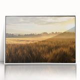 Framed acrylic wall art collection showcasing a vibrant landscape design with fields in various shades of green and gold, set against a sleek white frame.