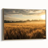 Framed canvas wall art depicting a serene landscape with golden fields and a tranquil sky, showcasing a side view of the elegant design. Ideal for home decor.