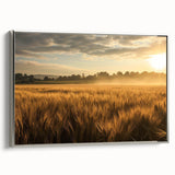 Framed canvas wall art showcasing a serene landscape with golden fields, accented by silver framing, ideal for modern home decor. Perfect for adding elegance to living spaces.