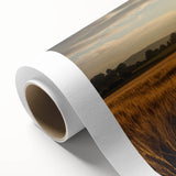 Vibrant rolled canvas showcasing a serene landscape with lush green fields and a dramatic sky, perfect for home decor or art enthusiasts, delivered in protective packaging.