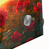 Close-up of a vibrant acrylic glass wall art piece showcasing a scenic landscape with lush green fields and a clear blue sky, perfect for home decor.