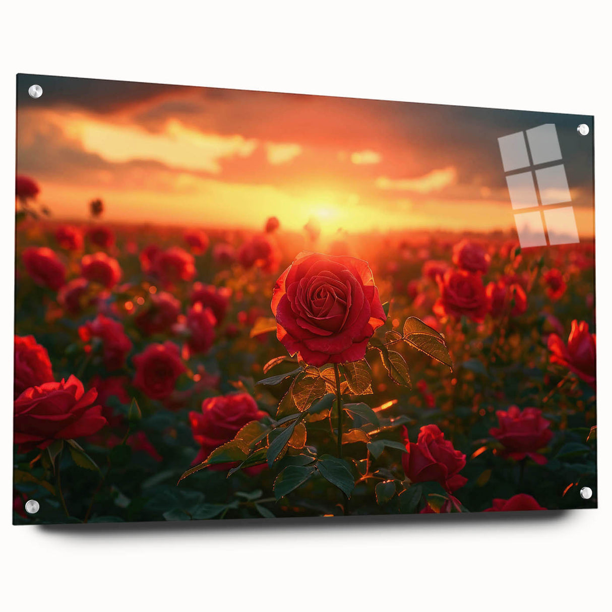 Acrylic glass wall art showcasing a vibrant landscape field design, featuring vivid colors and a side view with decorative pins for display, perfect for home decor.