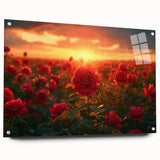 Acrylic glass wall art showcasing a vibrant landscape field design, featuring vivid colors and a side view with decorative pins for display, perfect for home decor.