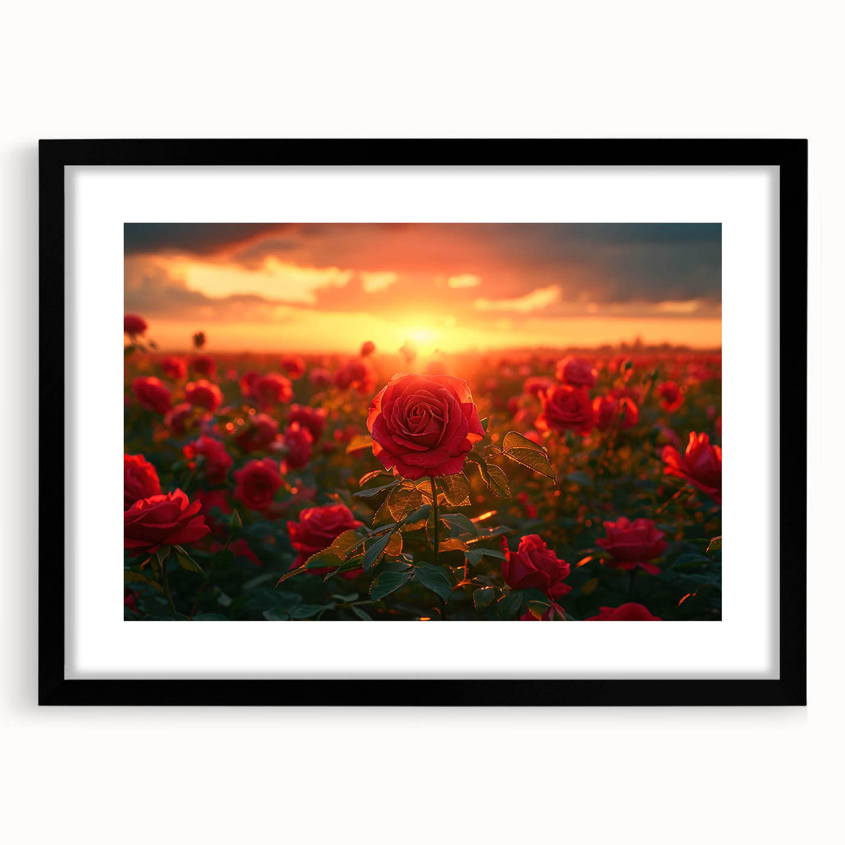 Framed wall art featuring a serene landscape of fields, highlighted with a black mat and sleek black frame, perfect for enhancing home decor with natural beauty.