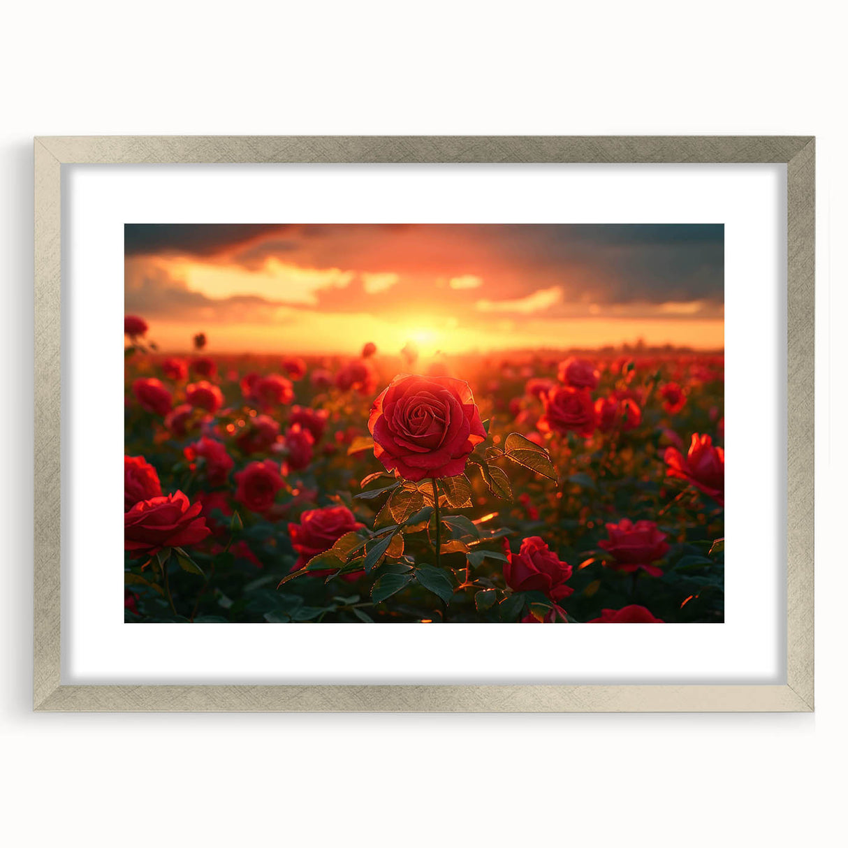Framed silver wall art featuring a serene landscape design with lush green fields, perfect for modern home decor. The mat adds elegance to the artwork's presentation.