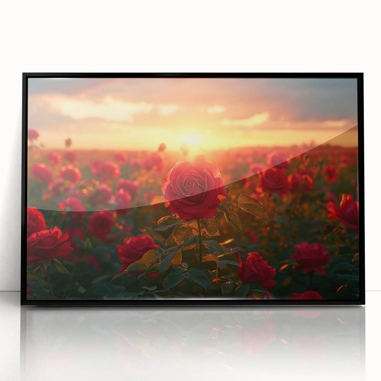 Framed acrylic wall art depicting a serene landscape of golden fields under a clear blue sky, showcasing a modern design with a sleek black frame, perfect for home decor.