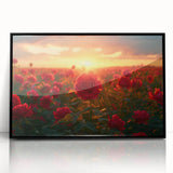 Framed acrylic wall art depicting a serene landscape of golden fields under a clear blue sky, showcasing a modern design with a sleek black frame, perfect for home decor.