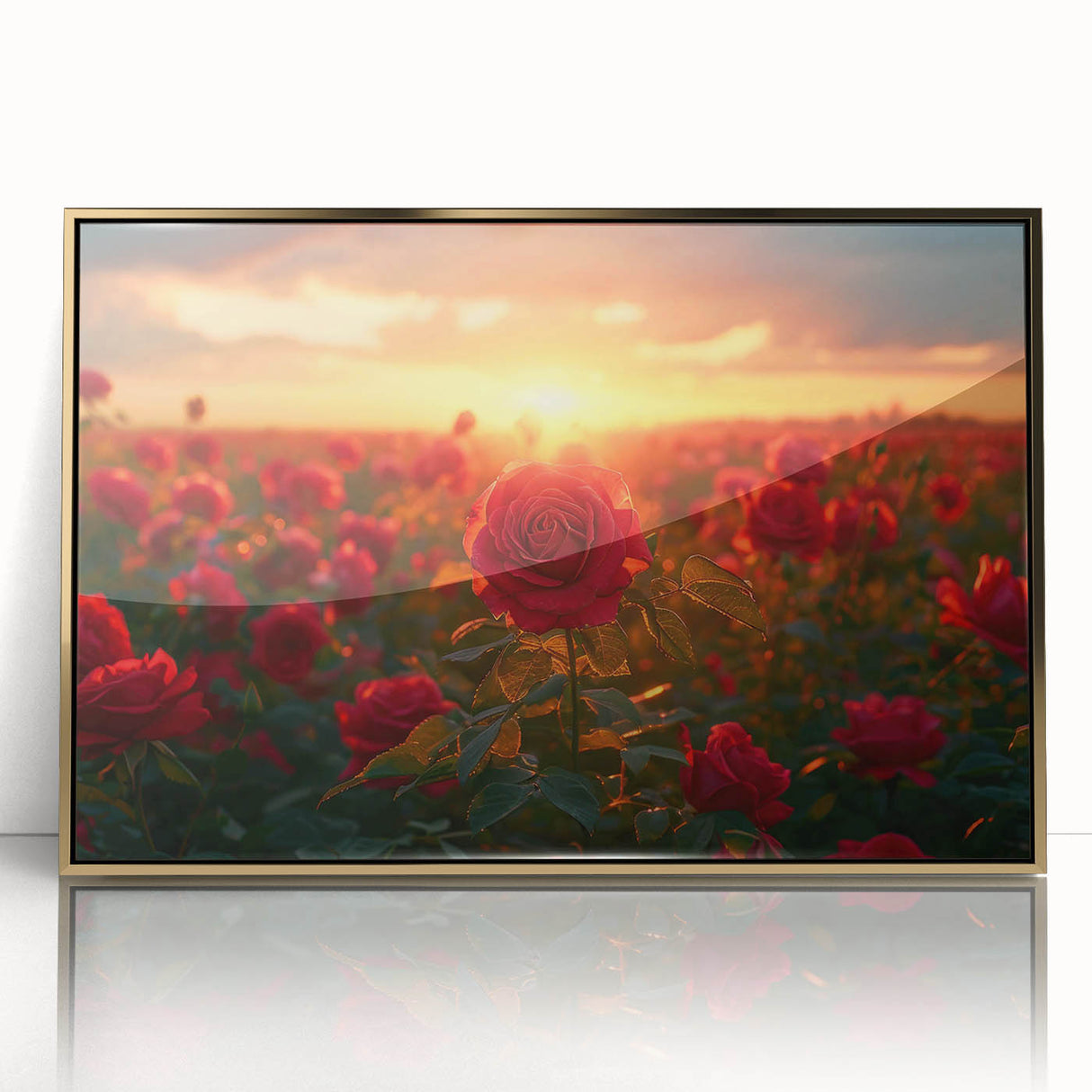Framed wall art featuring a vibrant acrylic landscape design with golden accents, showcasing rolling fields and a serene sky, perfect for home decor.