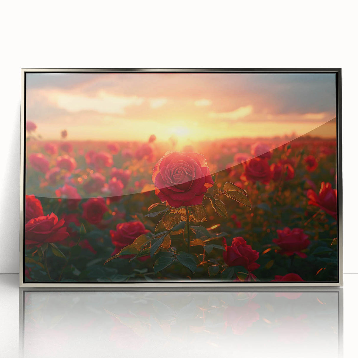 Framed wall art featuring a serene landscape of golden fields, highlighted by a sleek silver frame and acrylic front, ideal for modern home decor.