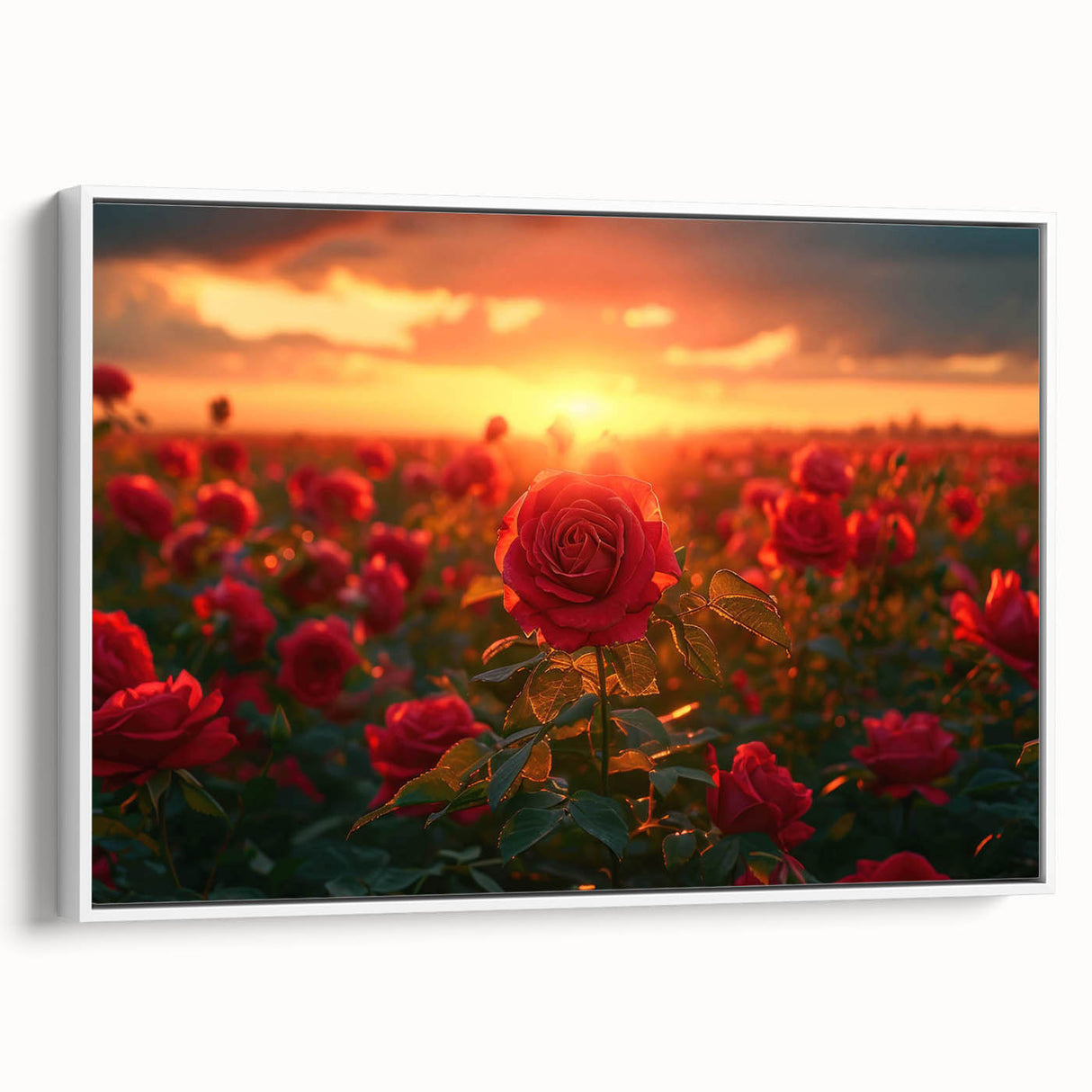 Framed canvas wall art showcasing a serene landscape of fields, featuring soft green and golden hues, elegantly displayed from a side view against a white background. Perfect for enhancing home decor with a touch of nature-inspired elegance.
