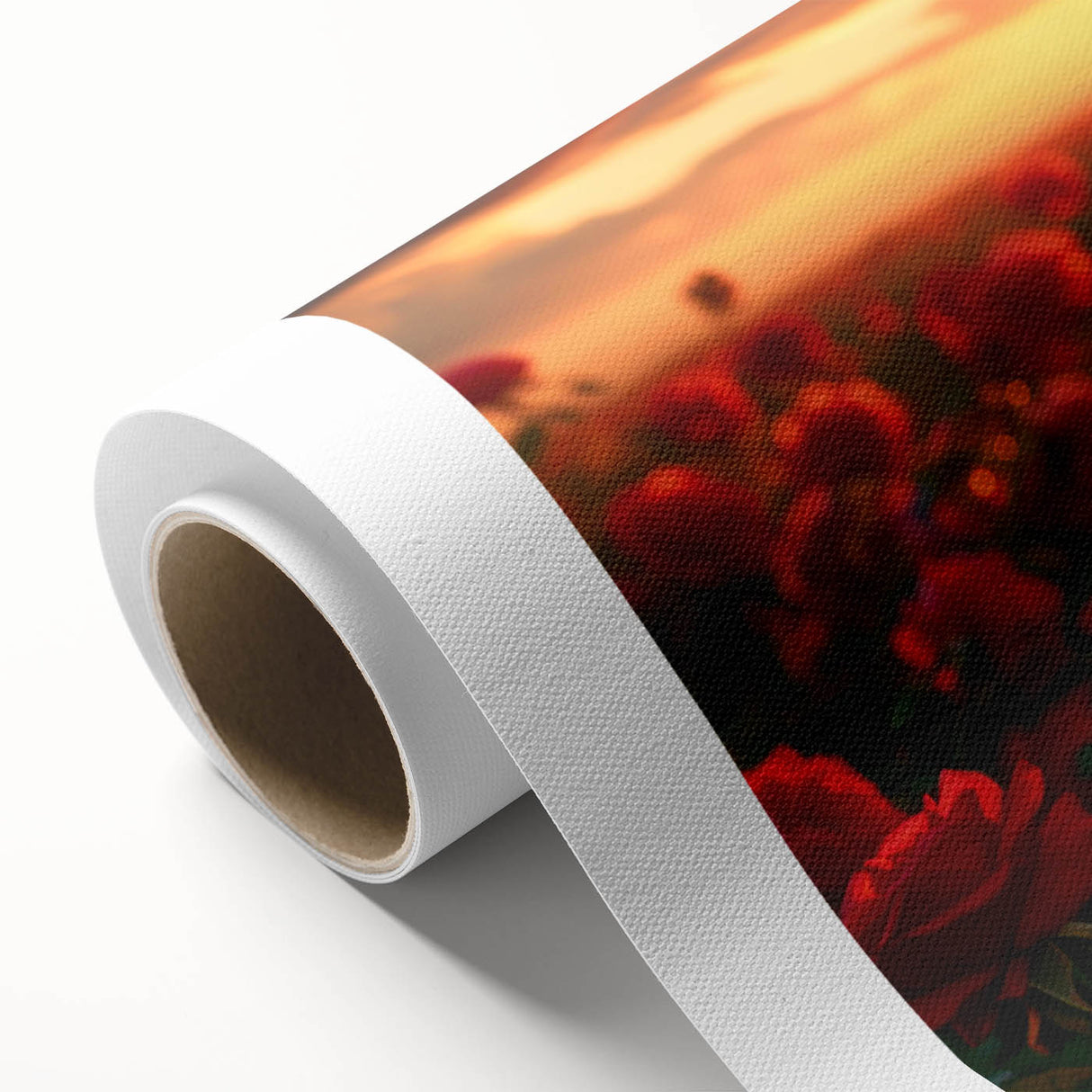 Vibrant rolled canvas showcasing a serene landscape with fields and trees, perfect for home decor or office spaces, packaged securely for delivery.