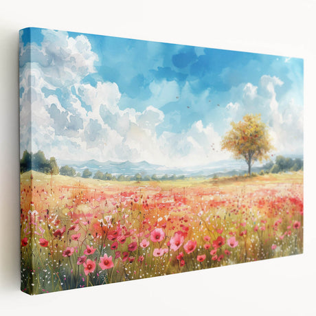Stretched canvas wall art depicting a vibrant landscape with rolling fields and a colorful sunset, designed to enhance home decor. Ideal for nature lovers.