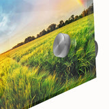 Close-up view of a vibrant acrylic glass wall art piece showcasing a stunning landscape of rolling fields, emphasizing rich colors and intricate details, perfect for home decor.