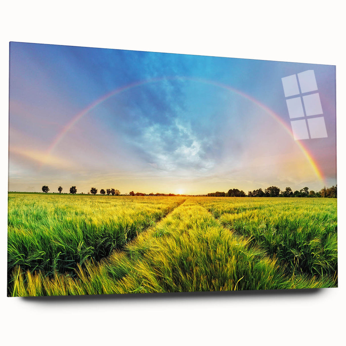Acrylic glass wall art featuring a vibrant landscape design with rolling fields, showcased in a sleek side view without pins, perfect for modern decor.