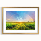 Framed wall art featuring a serene landscape with fields and a golden mat, showcasing vibrant colors and intricate details, ideal for home decor or art enthusiasts.