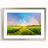 Silver-framed wall art showcasing a beautiful landscape design of vibrant green fields, elegantly matted for a sophisticated finish, ideal for home decor.