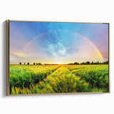 Framed canvas wall art featuring a vibrant landscape design with golden accents, showcasing rolling fields and a harmonious color palette, ideal for modern decor.