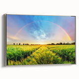 Framed canvas wall art showcasing a vibrant landscape design with fields and nature, featuring a sleek silver frame, ideal for modern home decor.