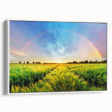 Framed canvas print of a serene landscape with lush green fields and rolling hills, displayed from a side view against a neutral backdrop, ideal for home decor.