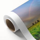 Vibrant rolled canvas wall art showcasing a serene landscape of lush green fields under a bright blue sky, perfect for home decor. Ideal for nature enthusiasts.