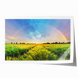 Vibrant rolled print showcasing a picturesque landscape with lush green fields and a clear blue sky, ideal for home decor or office aesthetics, delivered in protective packaging.
