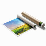 Vibrant landscape wall art print showcasing colorful fields under a bright blue sky, rolled and ready for framing, perfect for home decor enthusiasts.