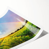 Vibrant wall art print showcasing a serene landscape with lush green fields and a dramatic sky, rolled for easy shipping and display. Perfect for home décor.