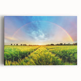 Stretched canvas wall art featuring a vibrant landscape of rolling fields under a clear blue sky, showcasing rich greens and earthy tones, perfect for home decor.