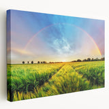 Stretched canvas wall art showcasing a vibrant landscape scene with lush green fields and a serene sky, perfect for adding a nature-inspired touch to any room.